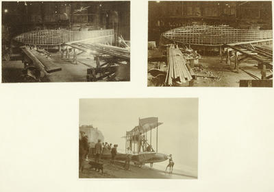 Two black and white photographs of Walsh Brothers Flying School flying boat under construction in their workshop, and one photograph of it on the beach being launched