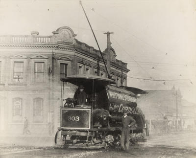 [Water-sprinkler tram no. 303 at the intersection of Khyber Pass Road and Broadway]