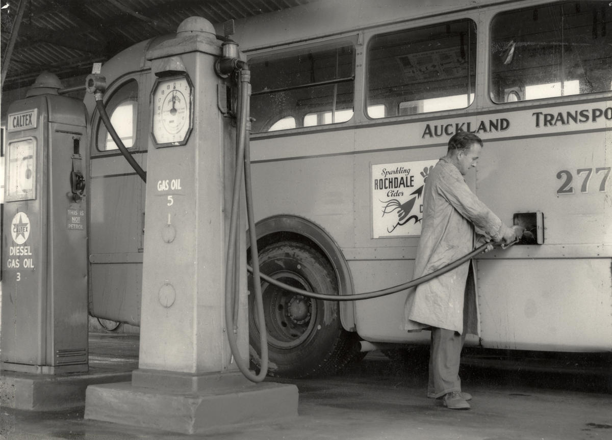 [Refuelling diesel bus at the Onehunga Depot] Museum of Transport and