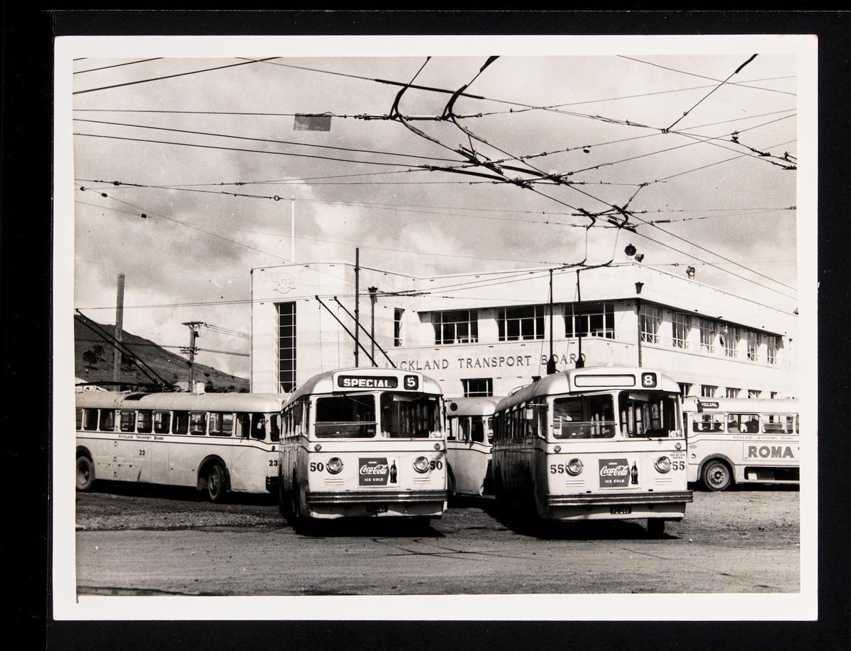 [Trolley buses and buses outside Auckland Transport Board depot