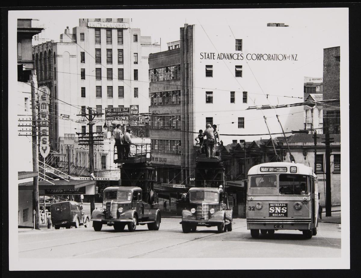 [Trolley bus 32 next to tram overhead wire maintenance] Museum of